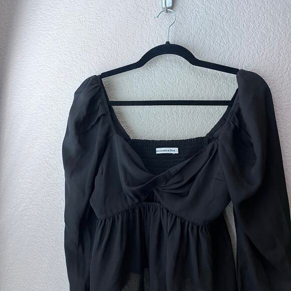 Abercrombie & Fitch A&F Black Sheer Cut Out Cropped Blouse Long Sleeve XS - Picture 3 of 6